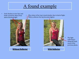 A found example
•   Dark shadow on her face and
    body caused by object from     •   The colour of her top is much darker due to lack of light.
    above blocking light.          •   With a reflector the top becomes lighter.




                                                                                                    •   The light
                                                                                                        reflecting is
                                                                                                        filling the dark
                                                                                                        areas of the
                                                                                                        previous photo.

               Without Reflector                                     With Reflector
 
