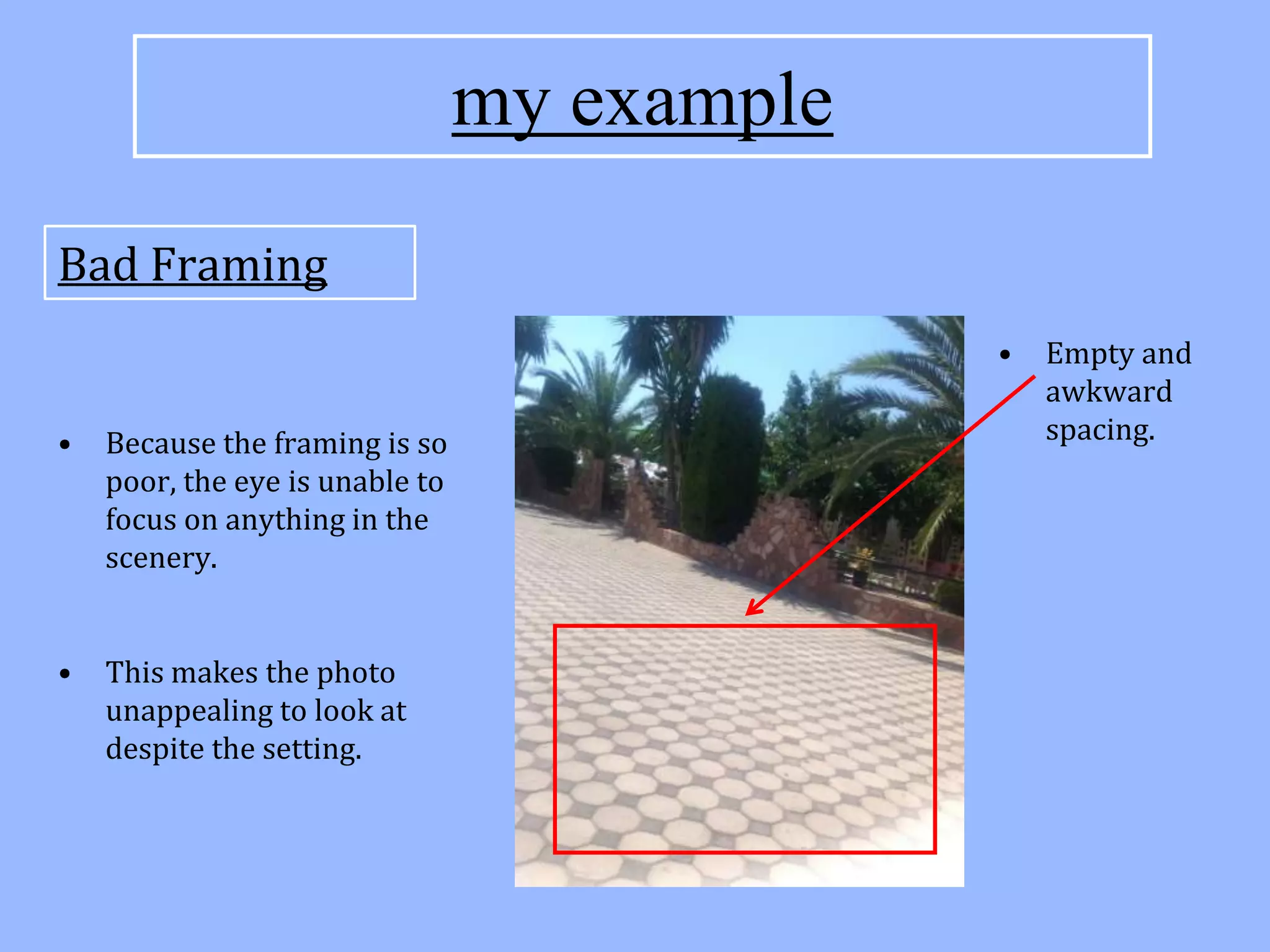 my example

Bad Framing
                                              •   Empty and
                                                  awkward
•   Because the framing is so                     spacing.
    poor, the eye is unable to
    focus on anything in the
    scenery.


•   This makes the photo
    unappealing to look at
    despite the setting.
 