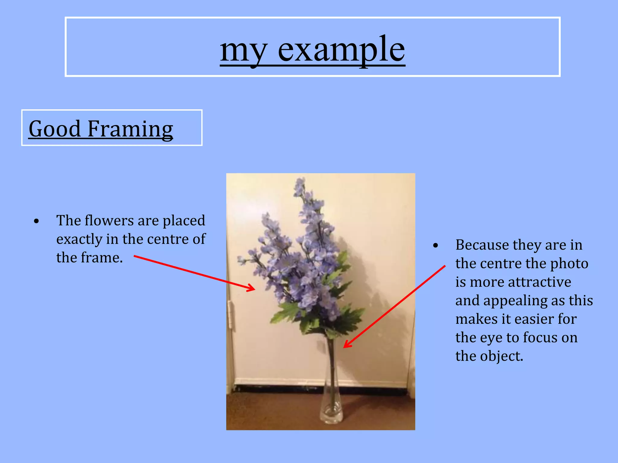 my example

Good Framing


•   The flowers are placed
    exactly in the centre of                •   Because they are in
    the frame.                                  the centre the photo
                                                is more attractive
                                                and appealing as this
                                                makes it easier for
                                                the eye to focus on
                                                the object.
 