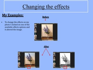 Changing the effects
My Examples:                        Before

•   To change the effects on my
    photo I clicked on one of the
    available effects options and
    it altered the image.




                                     After
 