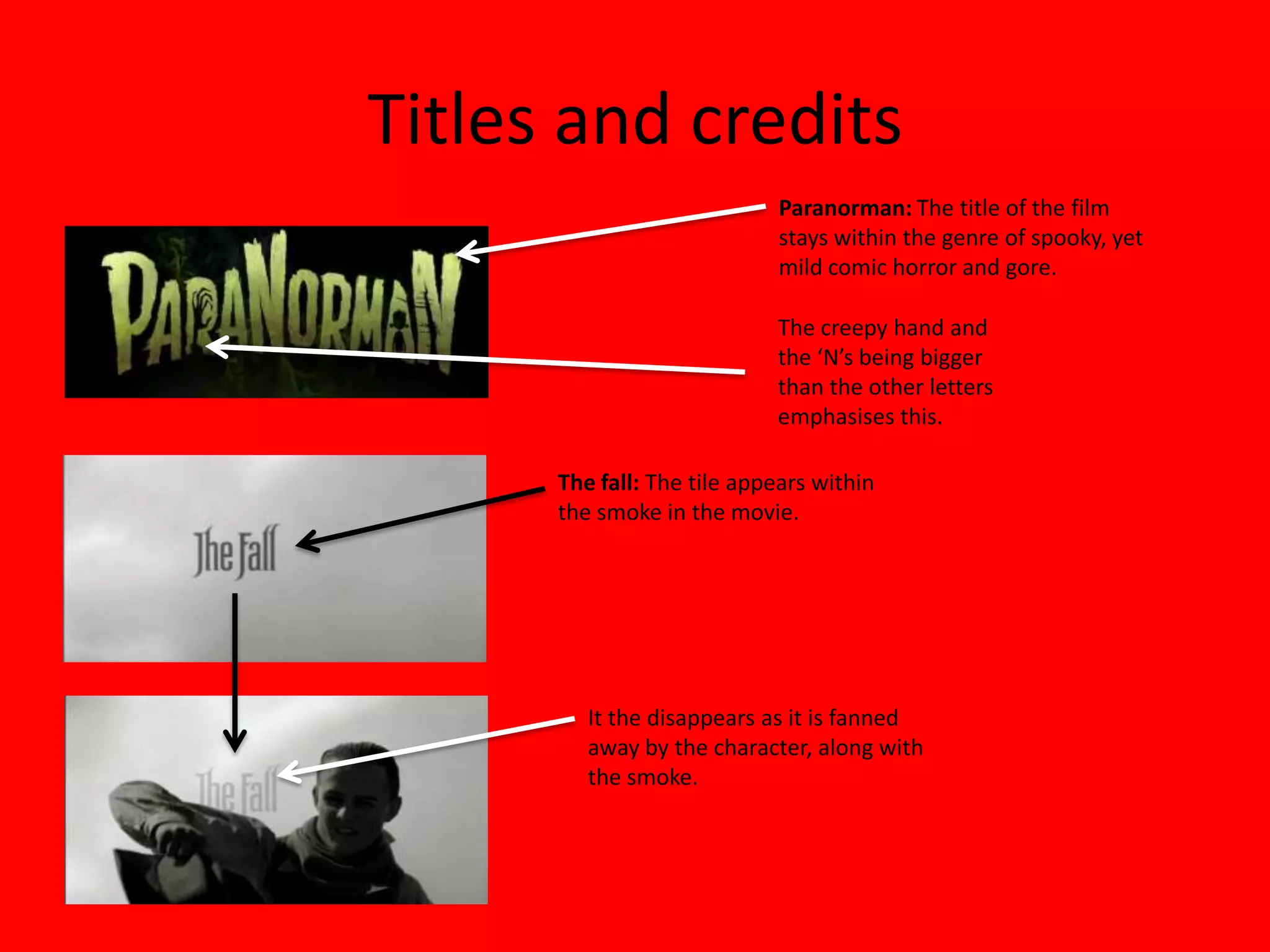 Titles and credits
                             Paranorman: The title of the film
                             stays within the genre of spooky, yet
                             mild comic horror and gore.

                            The creepy hand and
                            the ‘N’s being bigger
                            than the other letters
                            emphasises this.

      The fall: The tile appears within
      the smoke in the movie.




         It the disappears as it is fanned
         away by the character, along with
         the smoke.
 