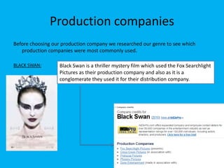 Production companies
Before choosing our production company we researched our genre to see which
   production companies were most commonly used.

BLACK SWAN:        Black Swan is a thriller mystery film which used the Fox Searchlight
                   Pictures as their production company and also as it is a
                   conglomerate they used it for their distribution company.
 