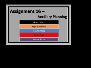Assignment 16 –
              Ancillary Planning
          Group Work
         Kaya Sumbland
          Gledis Dedaj
           Rahel Fasil
         Joanne Aroda
 