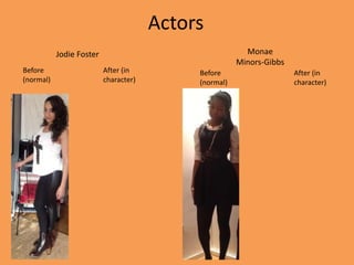Actors
           Jodie Foster                                  Monae
                                                       Minors-Gibbs
Before                    After (in         Before                    After (in
(normal)                  character)        (normal)                  character)
 