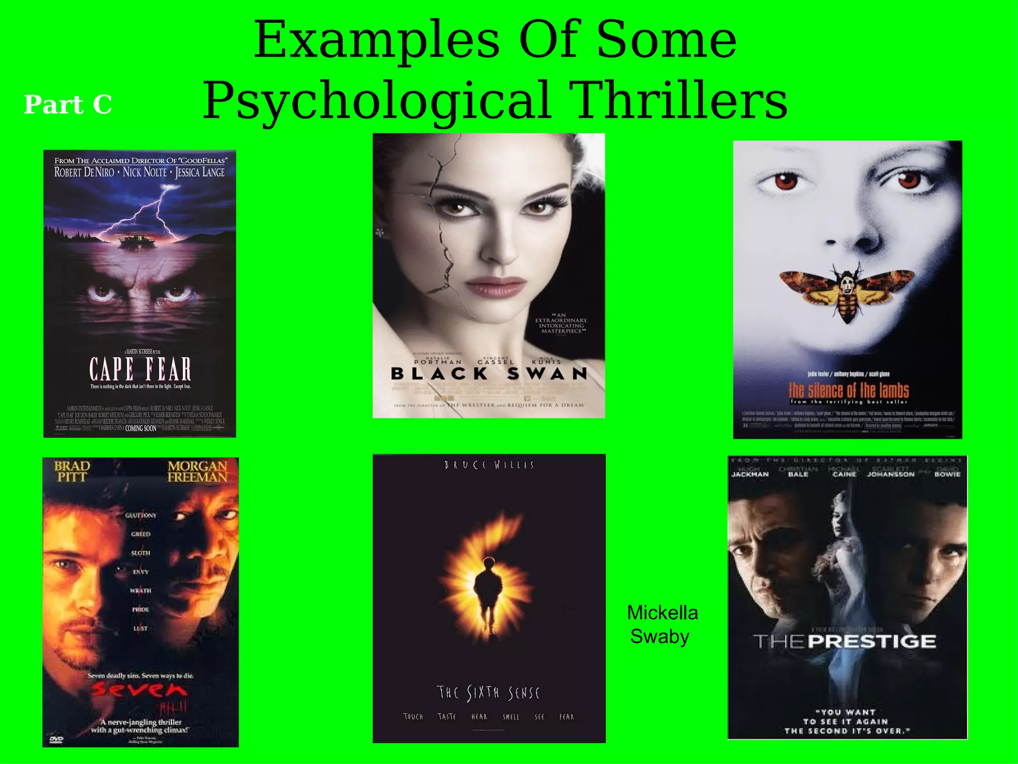 Examples Of Some
Part C   Psychological Thrillers




                         Mickella
                         Swaby


                                    5
 