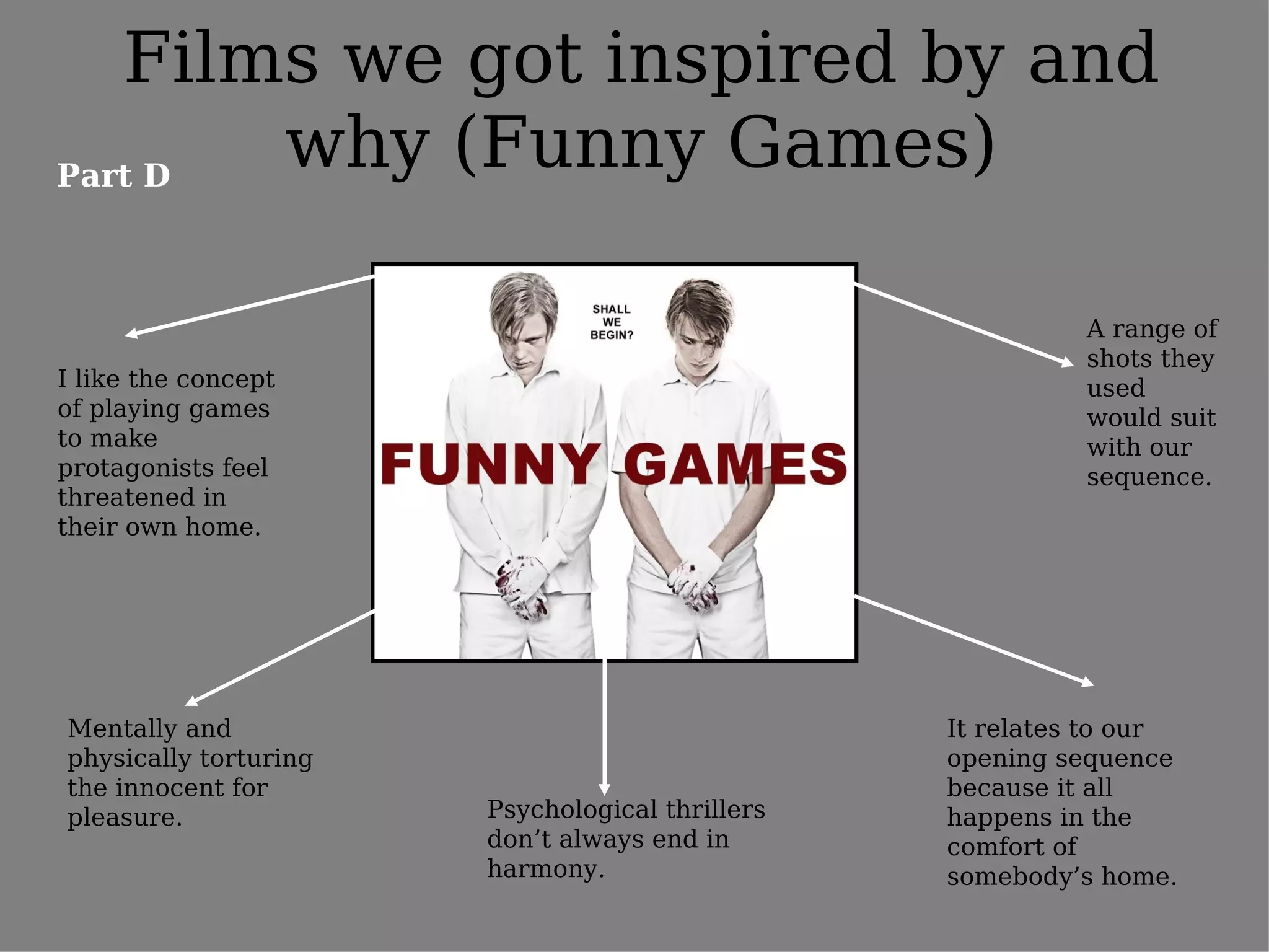 Films we got inspired by and
Part D
       why (Funny Games)

                                                           A range of
                                                           shots they
I like the concept                                         used
of playing games                                           would suit
to make                                                    with our
protagonists feel                                          sequence.
threatened in
their own home.




Mentally and                                     It relates to our
physically torturing                             opening sequence
the innocent for                                 because it all
pleasure.              Psychological thrillers   happens in the
                       don’t always end in       comfort of
                       harmony.                  somebody’s home.
 