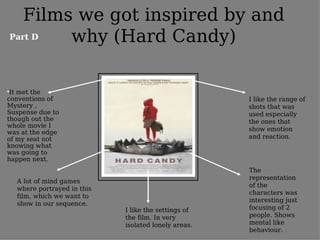Films we got inspired by and
    Part D  why (Hard Candy)

●
 It met the
conventions of                                         I like the range of
Mystery ,                                              shots that was
Suspense due to                                        used especially
though out the                                         the ones that
whole movie I
                                                       show emotion
was at the edge
of my seat not                                         and reaction.
knowing what
was going to
happen next.
                                                       The
                                                       representation
    A lot of mind games
                                                       of the
    where portrayed in this
                                                       characters was
    film, which we want to
                                                       interesting just
    show in our sequence.
                              I like the settings of   focusing of 2
                              the film. In very        people. Shows
                              isolated lonely areas.   mental like
                                                       behaviour.
 