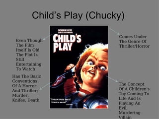 Child’s Play (Chucky)

                           Comes Under
 Even Though               The Genre Of
 The Film                  Thriller/Horror
 Itself Is Old
 The Plot Is
 Still
 Entertaining
 To Watch
Has The Basic
Conventions
Of A Horror                The Concept
And Thriller;              Of A Children's
Murder,                    Toy Coming To
Knifes, Death              Life And Is
                           Playing An
                           Evil,
                           Murdering
                           Villain
 