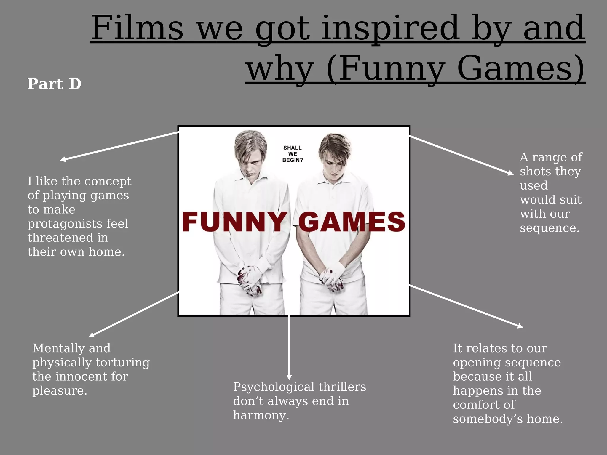 Films we got inspired by and
Part D
               why (Funny Games)

                                                           A range of
                                                           shots they
I like the concept                                         used
of playing games                                           would suit
to make                                                    with our
protagonists feel                                          sequence.
threatened in
their own home.




Mentally and                                     It relates to our
physically torturing                             opening sequence
the innocent for                                 because it all
pleasure.              Psychological thrillers   happens in the
                       don’t always end in       comfort of
                       harmony.                  somebody’s home.
 