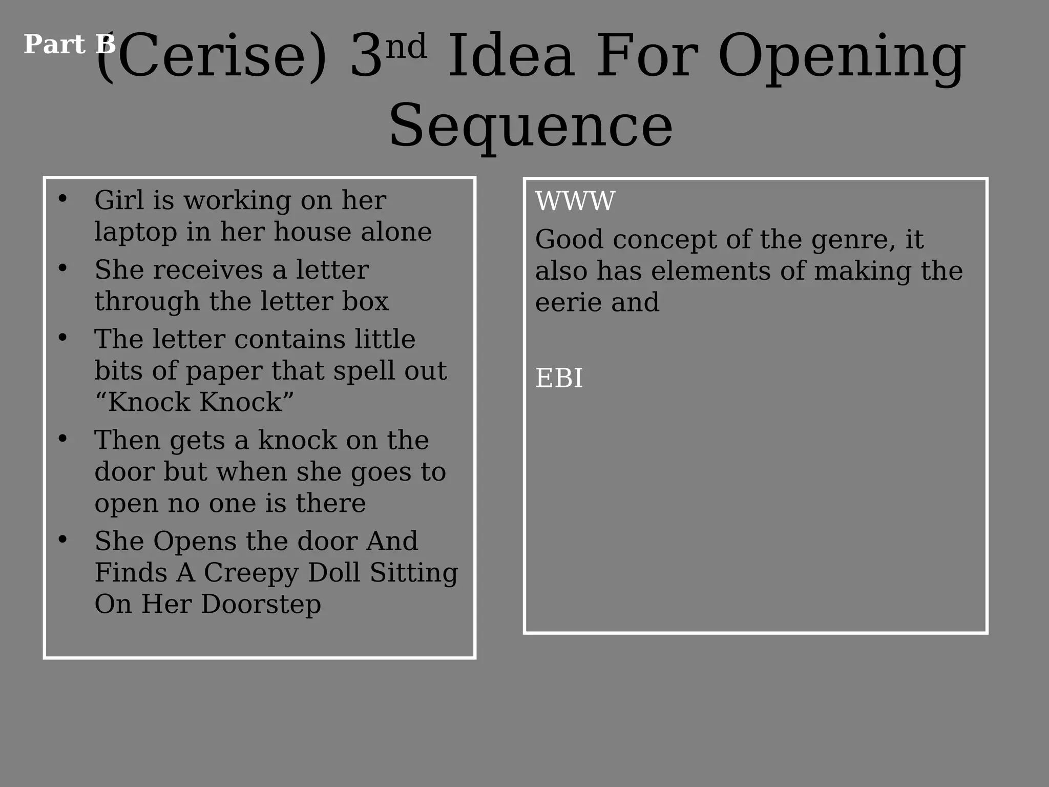 (Cerise) 3nd Idea For Opening
Part B


              Sequence
  • Girl is working on her         WWW
    laptop in her house alone      Good concept of the genre, it
  • She receives a letter          also has elements of making the
    through the letter box         eerie and
  • The letter contains little
    bits of paper that spell out   EBI
    “Knock Knock”
  • Then gets a knock on the
    door but when she goes to
    open no one is there
  • She Opens the door And
    Finds A Creepy Doll Sitting
    On Her Doorstep
 