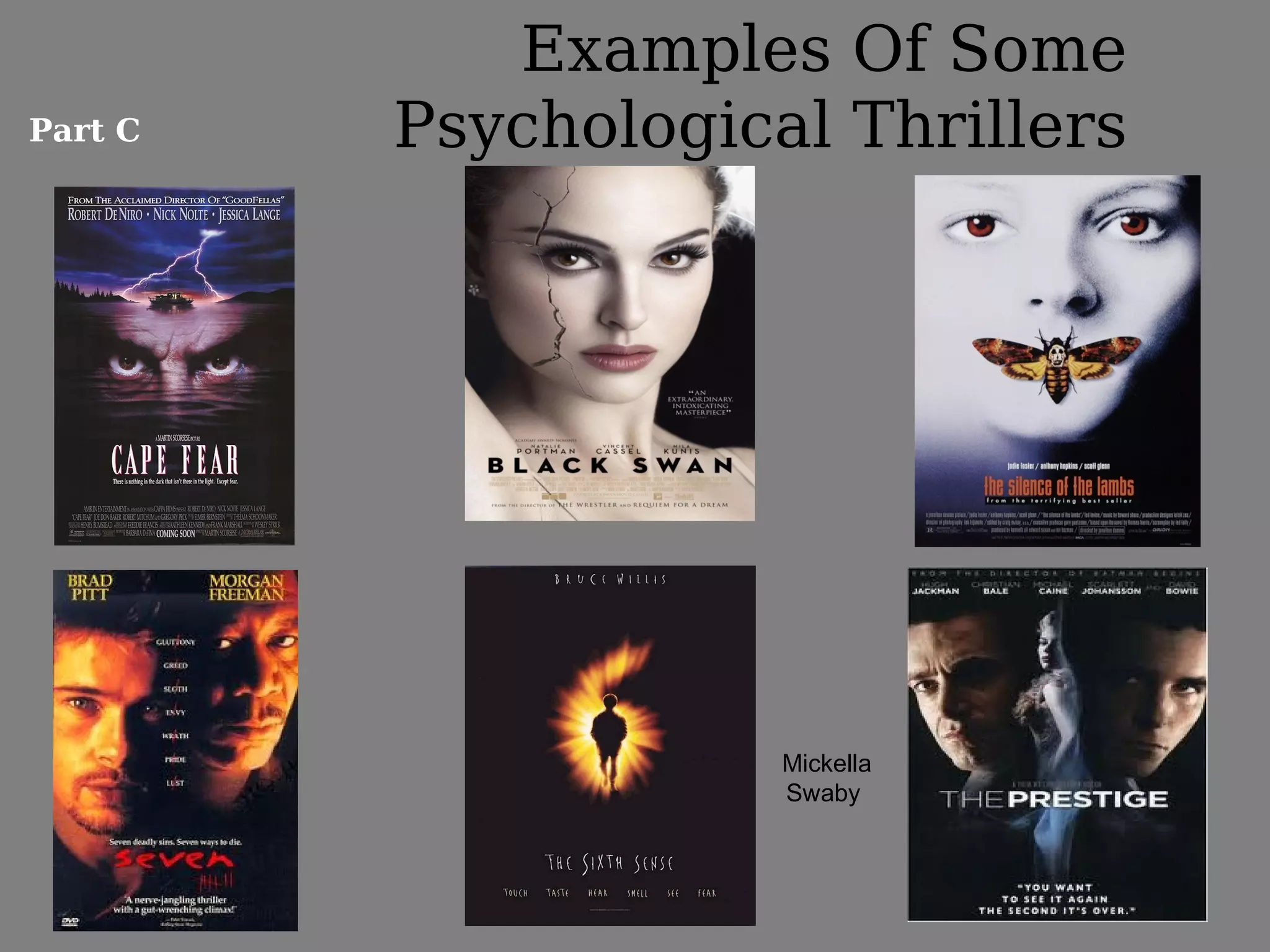 Examples Of Some
Part C   Psychological Thrillers




                     Mickella
                     Swaby


                                   6
 