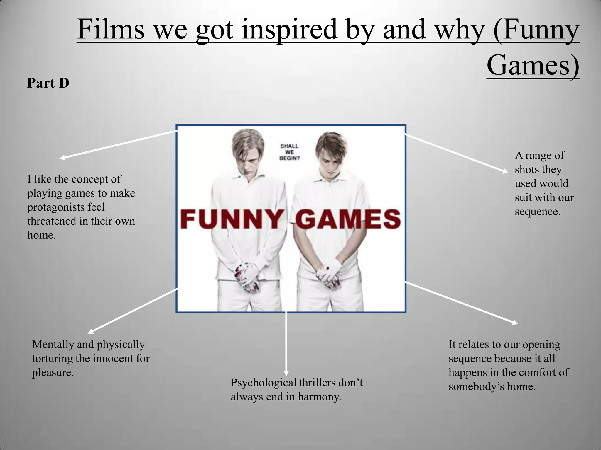 Films we got inspired by and why (Funny
Part D
                                       Games)

                                                                          A range of
                                                                          shots they
I like the concept of                                                     used would
playing games to make                                                     suit with our
protagonists feel                                                         sequence.
threatened in their own
home.




Mentally and physically                                      It relates to our opening
torturing the innocent for                                   sequence because it all
pleasure.                                                    happens in the comfort of
                             Psychological thrillers don’t   somebody’s home.
                             always end in harmony.
 