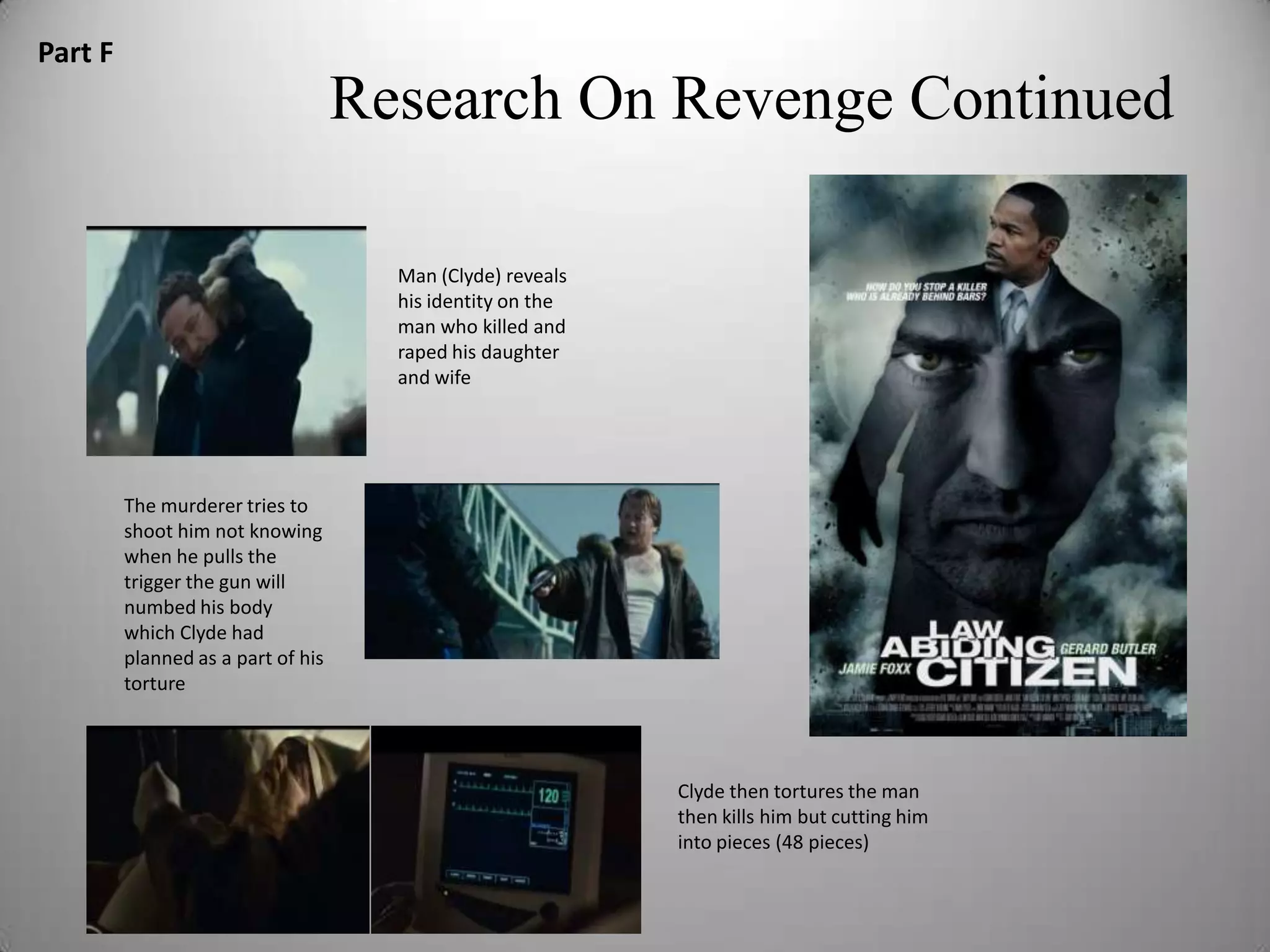 Part F
                                    Research On Revenge Continued

                                      Man (Clyde) reveals
                                      his identity on the
                                      man who killed and
                                      raped his daughter
                                      and wife




         The murderer tries to
         shoot him not knowing
         when he pulls the
         trigger the gun will
         numbed his body
         which Clyde had
         planned as a part of his
         torture




                                                            Clyde then tortures the man
                                                            then kills him but cutting him
                                                            into pieces (48 pieces)
 