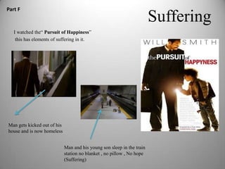 Part F
                                                                        Suffering
   I watched the“ Pursuit of Happiness”
    this has elements of suffering in it.




Man gets kicked out of his
house and is now homeless


                             Man and his young son sleep in the train
                             station no blanket , no pillow , No hope
                             (Suffering)
 