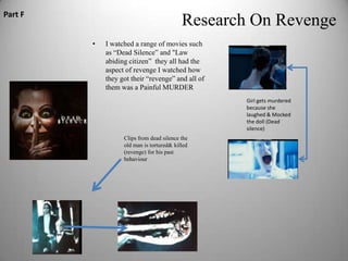 Part F
                                           Research On Revenge
         •   I watched a range of movies such
             as “Dead Silence” and "Law
             abiding citizen” they all had the
             aspect of revenge I watched how
             they got their “revenge” and all of
             them was a Painful MURDER
                                                   Girl gets murdered
                                                   because she
                                                   laughed & Mocked
                                                   the doll (Dead
                                                   silence)
                   Clips from dead silence the
                   old man is tortured& killed
                   (revenge) for his past
                   behaviour
 