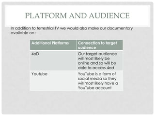 PLATFORM AND AUDIENCE
In addition to terrestrial TV we would also make our documentary
available on :
Additional Platforms

Connection to target
audience

4oD

Our target audience
will most likely be
online and so will be
able to access 4od

Youtube

YouTube is a form of
social media so they
will most likely have a
YouTube account

 