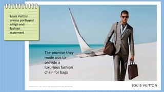 Louis Vuitton
always portrayed
a high end
fashion
statement
The promise they
made was to
provide a
luxurious fashion
chain for bags
 