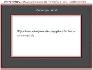 Market potential
Online food delivery market is pegged at 12.8 billion27 percent of 40 billion online shoppers order food
online regularly
 