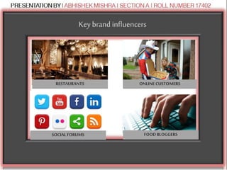 Key brand influencers
RESTAURANTS ONLINECUSTOMERS
SOCIALFORUMS FOODBLOGGERS
 