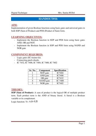 Digital Technique Mrs. Sunita M Dol
Page 1
HANDOUT#1b
AIM:
Implementation of given Boolean functions using basic gates and universal gates in
both SOP (Sum of Product) and POS (Product of Sum) form.
LEARNING OBJECTIVES:
- Implement the Boolean function in SOP and POS form using basic gates
AND, OR and NOT.
- Implement the Boolean function in SOP and POS form using NAND and
NOR gate
COMPONENT REQUIRED:
- Logic gates (IC) trainer kit.
- Connecting patch chords.
- IC 7432, IC 7408, IC 7404, IC 7400, IC 7402
Sr. No. Component Specification
1 NOT gate IC7404
2 AND gate IC7408
3 OR gate IC7432
4 NAND gate IC 7400
5 NOR gate IC7402
THEORY:
SOP (Sum of Product): A sum of product is the logical OR of multiple product
term. Each product term is the AND of binary literal. A literal is a Boolean
variable or its complement.
Logic function: Y=
 