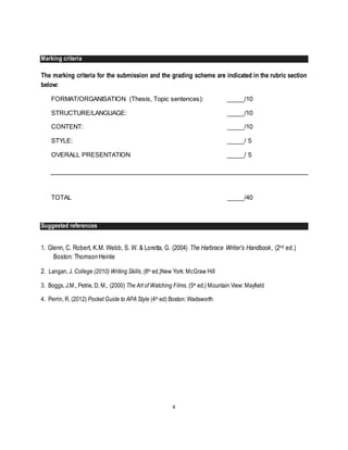 4
Marking criteria
The marking criteria for the submission and the grading scheme are indicated in the rubric section
below:
FORMAT/ORGANISATION (Thesis, Topic sentences): _____/10
STRUCTURE/LANGUAGE: _____/10
CONTENT: _____/10
STYLE: _____/ 5
OVERALL PRESENTATION _____/ 5
TOTAL _____/40
Suggested references
1. Glenn, C. Robert, K.M. Webb, S. W. & Loretta, G. (2004) The Harbrace Writer’s Handbook, (2nd ed.)
Boston: Thomson Heinle
2. Langan, J. College (2010) Writing Skills, (8th ed.)New York: McGraw Hill
3. Boggs, J.M., Petrie, D, M., (2000) The Art of Watching Films. (5th ed.) Mountain View: Mayfield
4. Perrin, R. (2012) Pocket Guide to APA Style (4th ed) Boston: Wadsworth
 