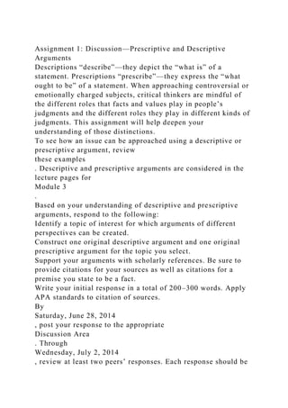 Assignment 1: Discussion—Prescriptive and Descriptive
Arguments
Descriptions “describe”—they depict the “what is” of a
statement. Prescriptions “prescribe”—they express the “what
ought to be” of a statement. When approaching controversial or
emotionally charged subjects, critical thinkers are mindful of
the different roles that facts and values play in people’s
judgments and the different roles they play in different kinds of
judgments. This assignment will help deepen your
understanding of those distinctions.
To see how an issue can be approached using a descriptive or
prescriptive argument, review
these examples
. Descriptive and prescriptive arguments are considered in the
lecture pages for
Module 3
.
Based on your understanding of descriptive and prescriptive
arguments, respond to the following:
Identify a topic of interest for which arguments of different
perspectives can be created.
Construct one original descriptive argument and one original
prescriptive argument for the topic you select.
Support your arguments with scholarly references. Be sure to
provide citations for your sources as well as citations for a
premise you state to be a fact.
Write your initial response in a total of 200–300 words. Apply
APA standards to citation of sources.
By
Saturday, June 28, 2014
, post your response to the appropriate
Discussion Area
. Through
Wednesday, July 2, 2014
, review at least two peers’ responses. Each response should be
 