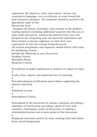 experience. Be objective, clear, and concise. Always use
constructive language, even in criticism, to work toward the
goal of positive progress. All comments should be posted to the
appropriate topic in this
Discussion Area
. Integrate the theory, principles, and concepts in the module's
reading material (including additional research) into the area or
topic under discussion. Analyze the material from your own
perspective by integrating your own personal experiences and
those of past or present employers to show how your
experiences fit into the concept being discussed.
All written assignments and responses should follow APA rules
for attributing sources.
Include the following in your discussion:
Grading Criteria
Maximum Points
Response Criteria
Provided an in-depth explanation or analysis of subject or topic
8
Used a clear, logical, and organized line of reasoning
4
Provided adequate justification and evidence supporting the
opinion expressed
4
Submitted on time
4
Participation Criteria
Participated in the discussion by asking a question, providing a
statement of clarification, providing a point of view with
rationale, challenging a point of discussion, or making a
relationship between one or more points of the discussion
4
Displayed consistent sensitivity when working with individuals
from varied backgrounds
 