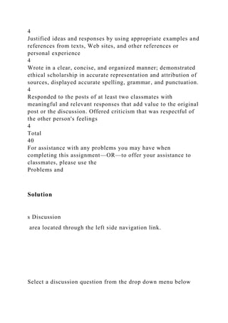4
Justified ideas and responses by using appropriate examples and
references from texts, Web sites, and other references or
personal experience
4
Wrote in a clear, concise, and organized manner; demonstrated
ethical scholarship in accurate representation and attribution of
sources, displayed accurate spelling, grammar, and punctuation.
4
Responded to the posts of at least two classmates with
meaningful and relevant responses that add value to the original
post or the discussion. Offered criticism that was respectful of
the other person's feelings
4
Total
40
For assistance with any problems you may have when
completing this assignment—OR—to offer your assistance to
classmates, please use the
Problems and
Solution
s Discussion
area located through the left side navigation link.
Select a discussion question from the drop down menu below
 