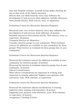 may face frequent violence. Limited income makes meeting the
day-to-day needs of the family uncertain.
Discuss how you think minority stress may influence the
development of and recovery from addiction. Include references
from journal articles, Web sources, texts, or experience.
Evaluation Criteria for Discussion Question Response:
Discussed your view on how minority stress may influence the
development of and recovery from addiction. [8 points]
Included references from journal articles, Web sources, texts, or
experience. [8 points]
Treatment Sources for Minorities
Consider minority groups in your community. What treatment
sources for addiction are available in your community for these
groups? What barriers to treatment do these groups face in your
community?
Evaluation Criteria for Discussion Question Response:
Discussed the treatment sources for addiction available in your
community for minority groups. [8 points]
Discussed the barriers to treatment minority groups face in your
community. [8 points]
Ethical Considerations
What ethical considerations are important in working with
minorities in treating addiction? Support your opinions with
references, texts, Web citations, or experience.
Evaluation Criteria for Discussion Question Response:
Discussed the important ethical considerations in treating
addiction when working with minorities. [8 points]
Supported your opinions with references, texts, Web citations,
or experience. [8 points]
Assignment 2 Grading Criteria
 