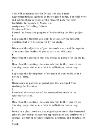 You will conceptualize the Discussion and Future
Recommendations sections of the research paper. You will write
and submit these sections of the research paper to your
facilitator for review in Module 6.
Assignment 3 Grading Criteria
Maximum Points
Shared the intent and purpose of undertaking the final project.
8
Explained the problem you want to discuss or the research
question that will be answered by the study.
8
Discussed the objective of your research study and the aspects
or reasons that motivated you to carry out the study.
8
Described the approach that you intend to pursue for the study.
8
Described the existing literature relevant to the research on
teaching, supervision, or ethics in addictions counseling.
8
Explained the development of research on your topic over a
period of time.
8
Discussed any patterns or paradigms that emerged from
studying the literature.
8
Examined the relevance of the assumptions made in the
reference articles.
8
Described the existing literature relevant to the research on
teaching, supervision, or ethics in addictions counseling.
8
Wrote in a clear, concise, and organized manner; demonstrated
ethical scholarship in accurate representation and attribution of
sources, displayed accurate spelling, grammar, and punctuation
4
Total:
 