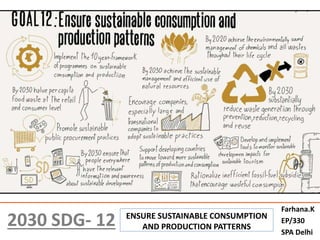 2030 SDG- 12 ENSURE SUSTAINABLE CONSUMPTION
AND PRODUCTION PATTERNS
Farhana.K
EP/330
SPA Delhi
 