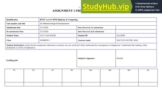 1
ASSIGNMENT 1 FRONT SHEET
Grading grid
P1 P2 P3 P4 M1 M2 M3 D1
Qualification BTEC Level 5 HND Diploma in Computing
Unit number and title 10: Website Design & Development
Submission date 22/3/2020 Date Received 1st submission
Re-submission Date 22/3/2020 Date Received 2nd submission
Student Name LUU VAN MANH Student ID Gcs18050
Class GCS0801B.1 Assessor name NGUYEN HO PHU BAO
Student declarationI certify that the assignment submission is entirely my own work and I fully understand the consequences of plagiarism. I understand that making a false
declaration is a form of malpractice.
Student’s signature MANH
 