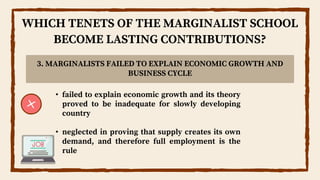 WHICH TENETS OF THE MARGINALIST SCHOOL
BECOME LASTING CONTRIBUTIONS?
• failed to explain economic growth and its theory
proved to be inadequate for slowly developing
country
• neglected in proving that supply creates its own
demand, and therefore full employment is the
rule
3. MARGINALISTS FAILED TO EXPLAIN ECONOMIC GROWTH AND
BUSINESS CYCLE
 