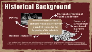 Poverty
Serious economic & social
problems remain unsolved even
a hundred years after the
beginning of the industrial
revolution
Uneven distribution of
wealth and income
Business fluctuation
Historical Background
Farmer and
farm laborers
were forced
migrate to
cities
long working hours, dangerous and unhealthy working conditions, the dominant power of employers in bargaining with
worker, rise of monopolistic powers & insecurity old age cause people to find solution beyond classical economic thinking.
 