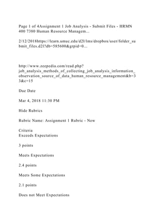 Page 1 of 4Assignment 1 Job Analysis - Submit Files - HRMN
400 7380 Human Resource Managem...
2/12/2018https://learn.umuc.edu/d2l/lms/dropbox/user/folder_su
bmit_files.d2l?db=585600&grpid=0...
http://www.zeepedia.com/read.php?
job_analysis_methods_of_collecting_job_analysis_information_
observation_source_of_data_human_resource_management&b=3
3&c=15
Due Date
Mar 4, 2018 11:30 PM
Hide Rubrics
Rubric Name: Assignment 1 Rubric - New
Criteria
Exceeds Expectations
3 points
Meets Expectations
2.4 points
Meets Some Expectations
2.1 points
Does not Meet Expectations
 