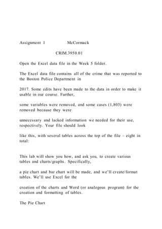 Assignment 1 McCormack
CRIM.3950.01
Open the Excel data file in the Week 5 folder.
The Excel data file contains all of the crime that was reported to
the Boston Police Department in
2017. Some edits have been made to the data in order to make it
usable in our course. Further,
some variables were removed, and some cases (1,803) were
removed because they were
unnecessary and lacked information we needed for their use,
respectively. Your file should look
like this, with several tables across the top of the file – eight in
total:
This lab will show you how, and ask you, to create various
tables and charts/graphs. Specifically,
a pie chart and bar chart will be made, and we’ll create/format
tables. We’ll use Excel for the
creation of the charts and Word (or analogous program) for the
creation and formatting of tables.
The Pie Chart
 