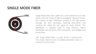 SINGLE MODE FIBER
Single Mode fiber optic cable has a small diametral core that
allows only one mode of light to propagate. Because of this,
the number of light reflections created as the light passes
through the core decreases, lowering attenuation and
creating the ability for the signal to travel further. This
application is typically used in long distance, higher
bandwidth runs by Telcos, CATV companies, and Colleges and
Universities.
Left: Single Mode fiber is usually 9/125 in construction.
This means that the core to cladding diameter ratio is 9
microns to 125 microns.
 
