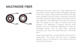 MULTIMODE FIBER
Multimode fiber optic cable has a large diametral core
that allows multiple modes of light to propagate. Because
of this, the number of light reflections created as the light
passes through the core increases, creating the ability for
more data to pass through at a given time. Because of the
high dispersion and attenuation rate with this type of
fiber, the quality of the signal is reduced over long
distances. This application is typically used for short
distance, data and audio/video applications in LANs. RF
broadband signals, such as what cable companies
commonly use, cannot be transmitted over multimode
fiber.
Above: Multimode fiber is usually 50/125 and 62.5/125 in
construction. This means that the core to cladding
diameter ratio is 50 microns to 125 microns and 62.5
microns to 125 microns.
 
