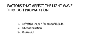 FACTORS THAT AFFECT THE LIGHT WAVE
THROUGH PROPAGATION
1. Refractive index n for core and clade.
2. Fiber attenuation
3. Dispersion
 