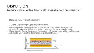 DISPERSION
(reduces the effective bandwidth available for transmission )
There are three types of dispersion:
1- Modal Dispersion (MD) for multimode fiber.
Modal Dispersion typically occurs in multimode fiber, due to its large core
diameter, for example 62.5 um, it carries many modes those travel through
different paths thus a short pulse that consists of many modes will spread because
each mode will reach the destination in a different time.
 