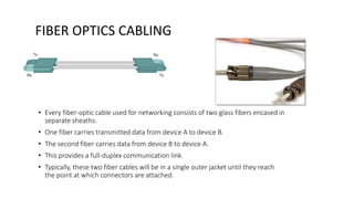 FIBER OPTICS CABLING
• Every fiber-optic cable used for networking consists of two glass fibers encased in
separate sheaths.
• One fiber carries transmitted data from device A to device B.
• The second fiber carries data from device B to device A.
• This provides a full-duplex communication link.
• Typically, these two fiber cables will be in a single outer jacket until they reach
the point at which connectors are attached.
 