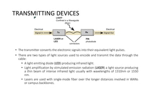 TRANSMITTING DEVICES
• The transmitter converts the electronic signals into their equivalent light pulses.
• There are two types of light sources used to encode and transmit the data through the
cable:
• A light emitting diode (LED) producing infrared light.
• Light amplification by stimulated emission radiation (LASER) a light source producing
a thin beam of intense infrared light usually with wavelengths of 1310nm or 1550
nm.
• Lasers are used with single-mode fiber over the longer distances involved in WANs
or campus backbones.
 