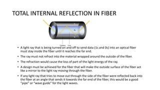 TOTAL INTERNAL REFLECTION IN FIBER
• A light ray that is being turned on and off to send data (1s and 0s) into an optical fiber
must stay inside the fiber until it reaches the far end.
• The ray must not refract into the material wrapped around the outside of the fiber.
• The refraction would cause the loss of part of the light energy of the ray.
• A design must be achieved for the fiber that will make the outside surface of the fiber act
like a mirror to the light ray moving through the fiber.
• If any light ray that tries to move out through the side of the fiber were reflected back into
the fiber at an angle that sends it towards the far end of the fiber, this would be a good
“pipe” or “wave guide” for the light waves.
 