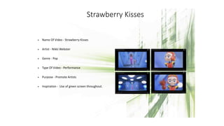 Strawberry Kisses
• Name Of Video - Strawberry Kisses
• Artist - Nikki Webster
• Genre - Pop
• Type Of Video - Performance
• Purpose - Promote Artists
• Inspiration - Use of green screen throughout.
 