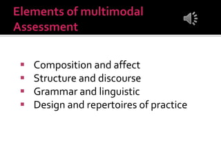  Composition and affect
 Structure and discourse
 Grammar and linguistic
 Design and repertoires of practice
 