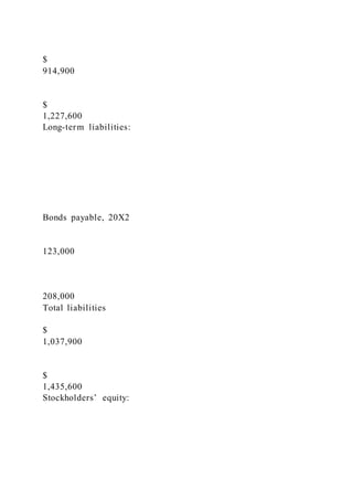 $
914,900
$
1,227,600
Long-term liabilities:
Bonds payable, 20X2
123,000
208,000
Total liabilities
$
1,037,900
$
1,435,600
Stockholders’ equity:
 