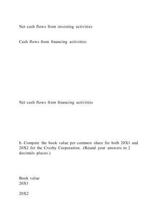 Net cash flows from investing activities
Cash flows from financing activities:
Net cash flows from financing activities
b. Compute the book value per common share for both 20X1 and
20X2 for the Crosby Corporation. (Round your answers to 2
decimals places.)
Book value
20X1
20X2
 