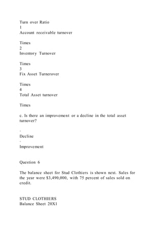 Turn over Ratio
1
Account receivable turnover
Times
2
Inventory Turnover
Times
3
Fix Asset Turnerover
Times
4
Total Asset turnover
Times
c. Is there an improvement or a decline in the total asset
turnover?
·
Decline
·
Improvement
Question 6
The balance sheet for Stud Clothiers is shown next. Sales for
the year were $3,490,000, with 75 percent of sales sold on
credit.
STUD CLOTHIERS
Balance Sheet 20X1
 