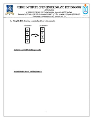 12
8. Simplify Hill climbing search algorithm with example.
Definition of Hill Climbing search:
Algorithm for Hill Climbing Search:
 