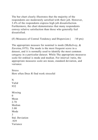 The bar chart clearly illustrates that the majority of the
respondents are moderately satisfied with their job. However,
3.4% of the respondents express high job dissatisfaction.
Furthermore, the chart demonstrates that many respondents
convey relative satisfaction than those who generally feel
dissatisfied.
(F) Measures of Central Tendency and Dispersion ( /10 pts)
The appropriate measure for nominal is mode (McKelvey, &
Zavoina,1975). The mode is the most frequent score in a
dataset, and it is normally used to identify the most common
category in a particular dataset. While The appropriate measures
scale for ordinal is mode and median. For interval /ratio, the
appropriate measures scale are mean, standard deviation, and
variance.
Stress
How often Does R find work stressful
N
Valid
932
Missing
0
Mean
2.78
Median
3.00
Mode
3
Std. Deviation
.929
Variance
 